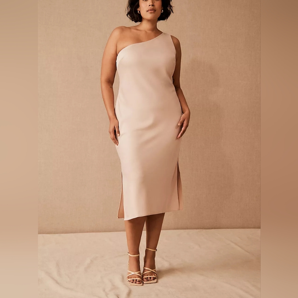 Anthropologie BHLDN Audrie Satin One-Shoulder Midi Dress Light Pink